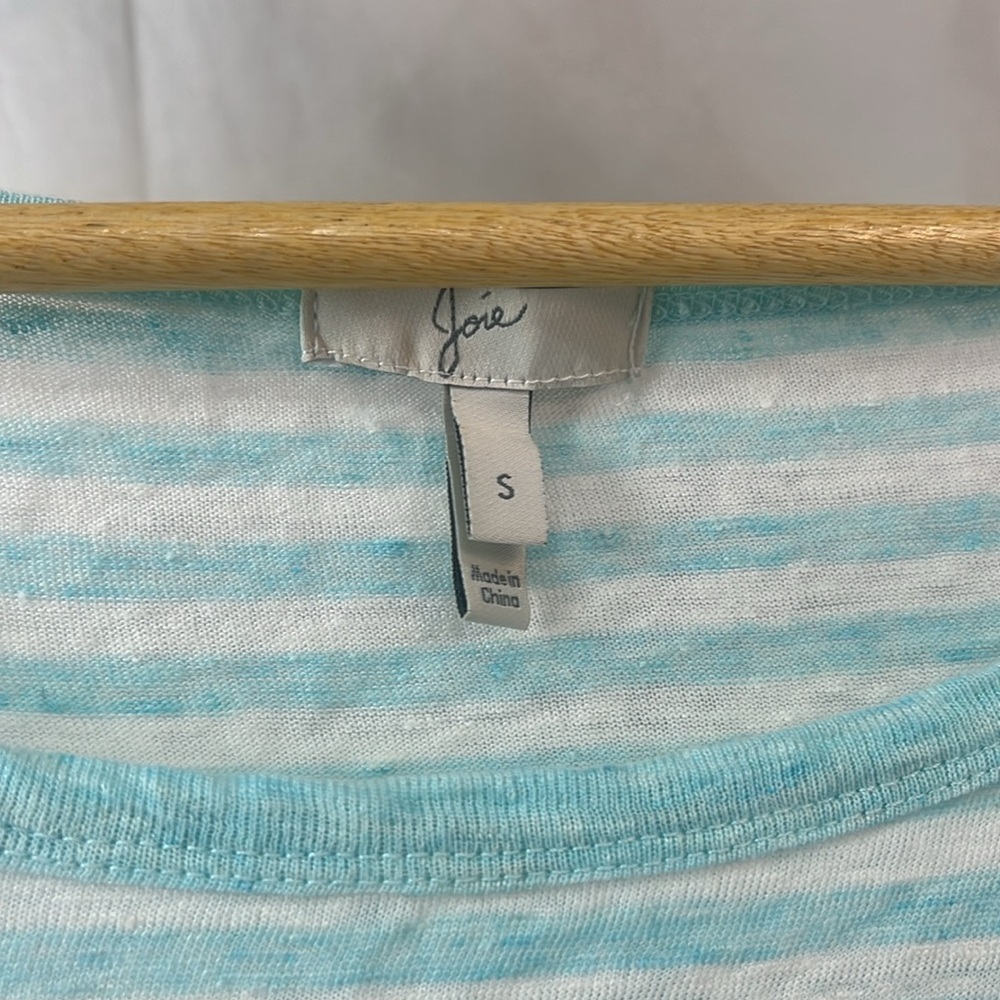 Joie Striped Linen 3/4 Sleeve Top, Small, Aqua White Kilinda Yarn-Dyed Slub Tee - Picture 5 of 9